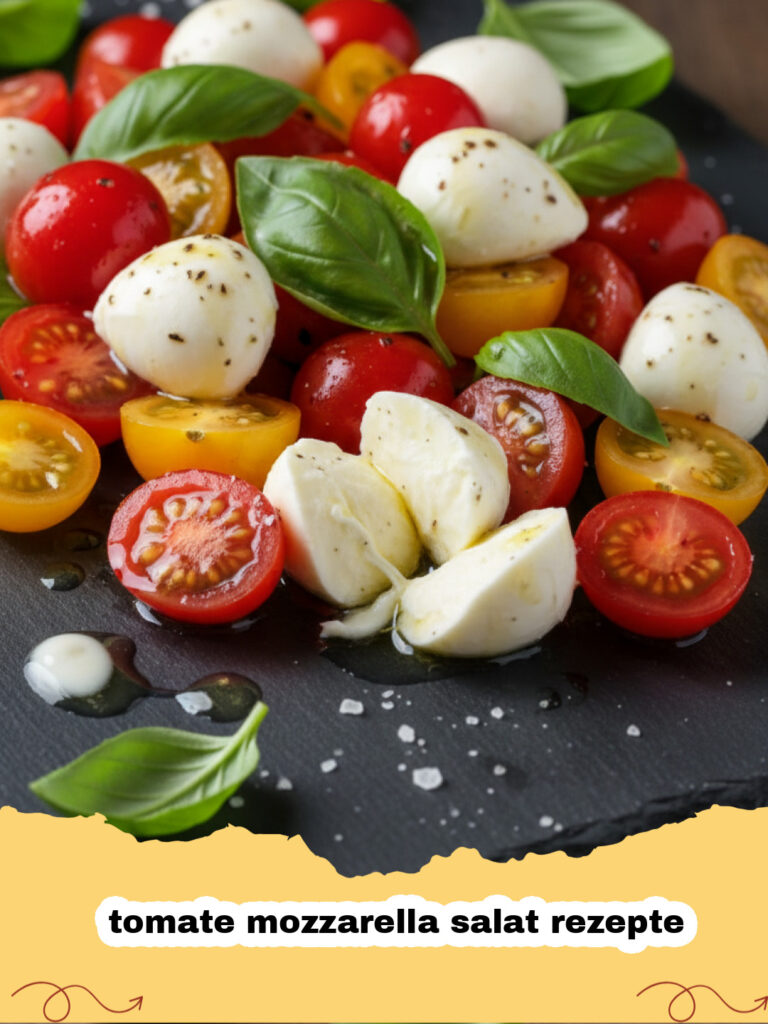 tomate mozzarella salat rezepte - Frischer Tomate Mozzarella Salat auf einer weißen Platte mit Basilikum