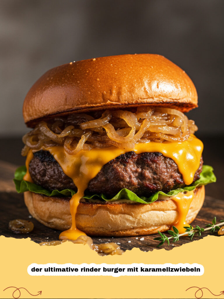 der ultimative rinder burger mit karamellzwiebeln - Saftiger Rinder Burger mit glänzend karamellisierten Zwiebeln und geschmolzenem Käse