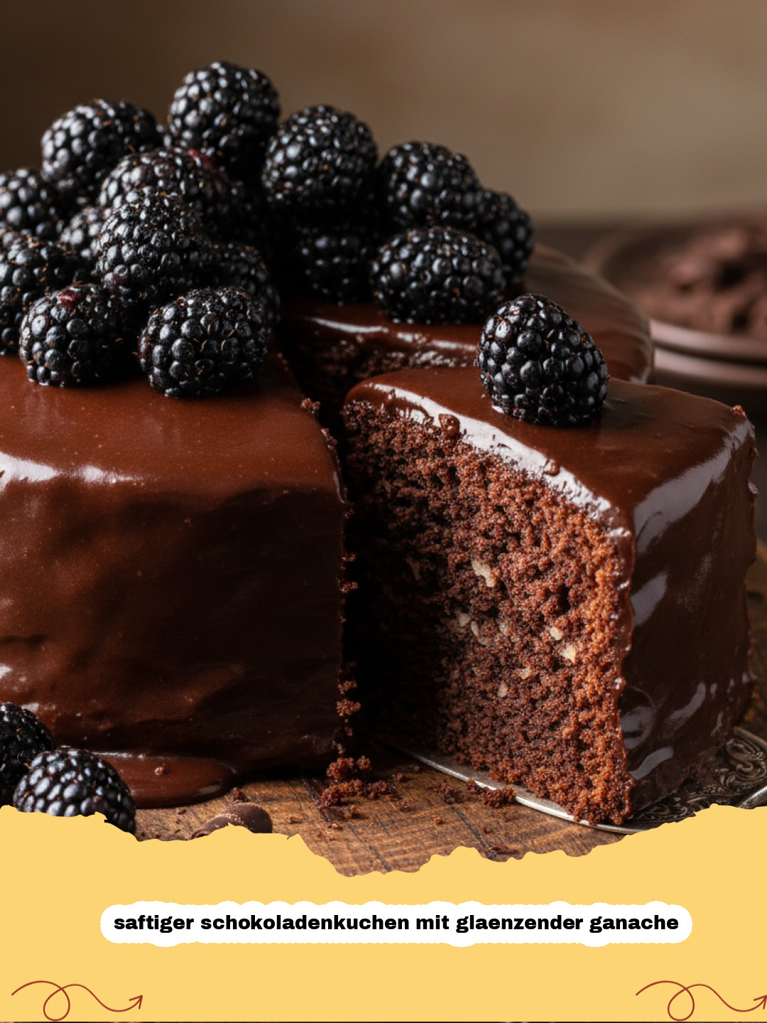 saftiger schokoladenkuchen mit glaenzender ganache - Ein perfekt geschnittener saftiger Schokoladenkuchen mit glänzender Ganache und Beeren.