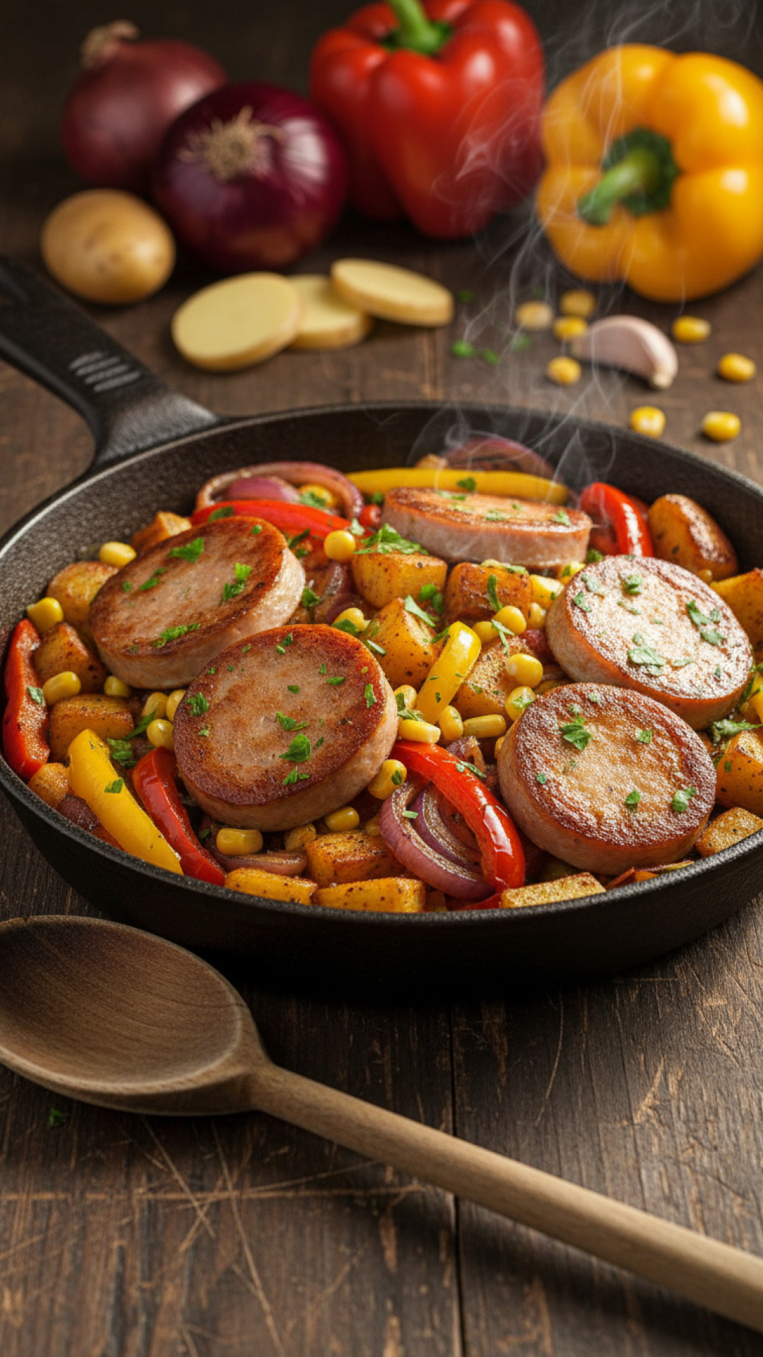 Deutsche Jagdwurst Pfanne mit Paprika und Kartoffeln Preparation