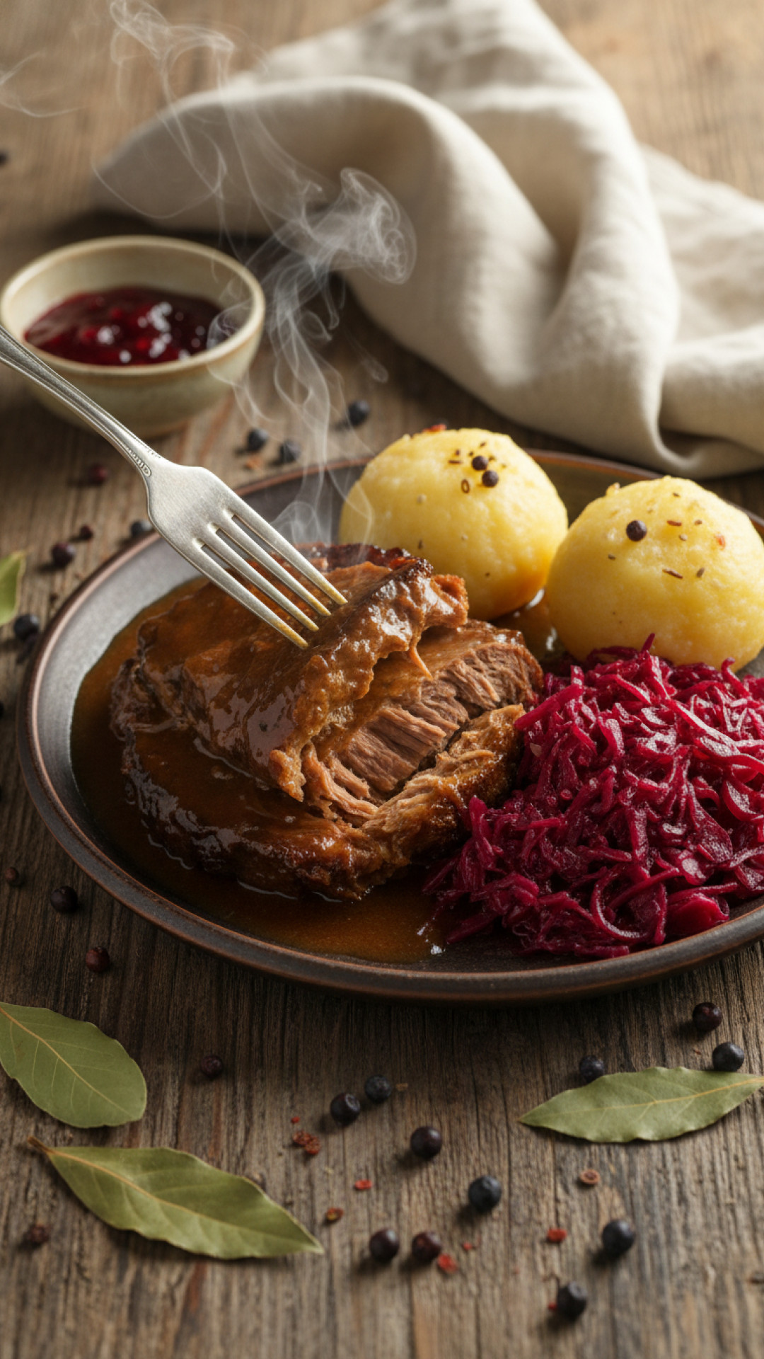 Deutscher Sauerbraten mariniert mit Rotkohl und Knödeln Preparation