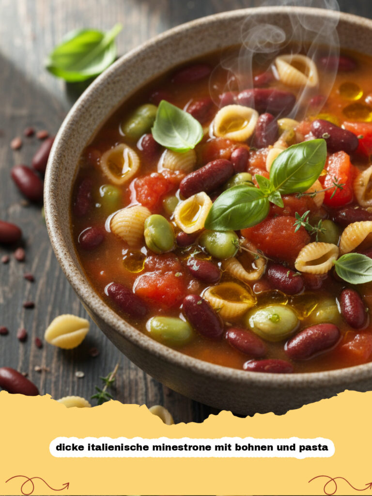 dicke italienische minestrone mit bohnen und pasta - Dicke italienische Minestrone mit Bohnen und Pasta in einer rustikalen Schüssel