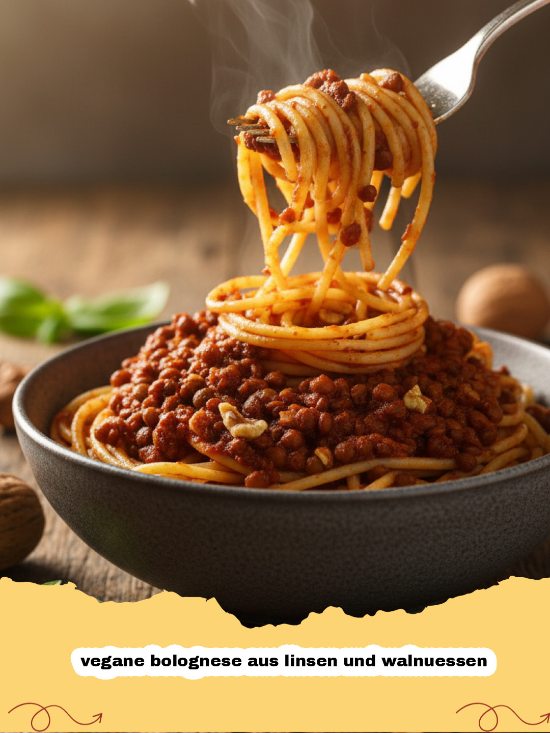 vegane bolognese aus linsen und walnuessen - Eine Nahaufnahme einer reichhaltigen veganen Bolognese aus Linsen und Walnüssen, serviert auf frischer Pasta, garniert mit Basilikum.