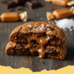 weiche schoko hafer cookies mit salzkaramell tropfen - Nahaufnahme von weichen Schoko Hafer Cookies mit geschmolzenen Salzkaramell-Tropfen auf einem Backblech.