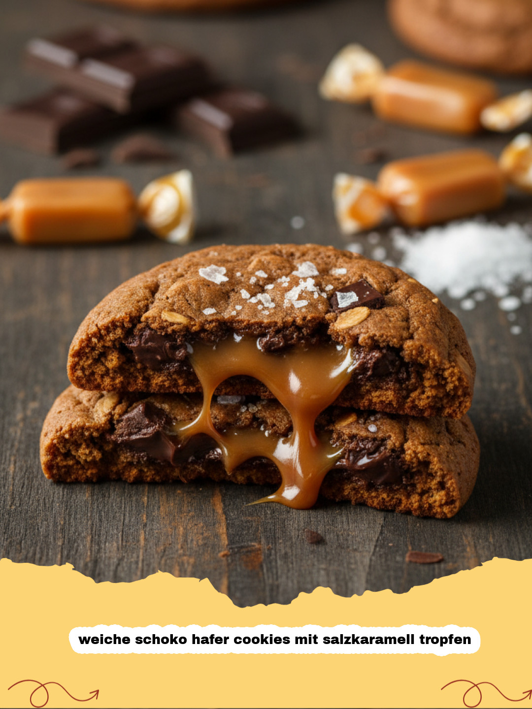 weiche schoko hafer cookies mit salzkaramell tropfen - Nahaufnahme von weichen Schoko Hafer Cookies mit geschmolzenen Salzkaramell-Tropfen auf einem Backblech.