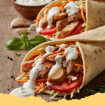 doener style haehnchen wrap mit knoblauch joghurt - Frisch zubereiteter Doener Style Hähnchen Wrap mit cremiger Knoblauch-Joghurt-Sauce, gefüllt mit mariniertem Hähnchen und frischem Gemüse, auf einem Holztisch.