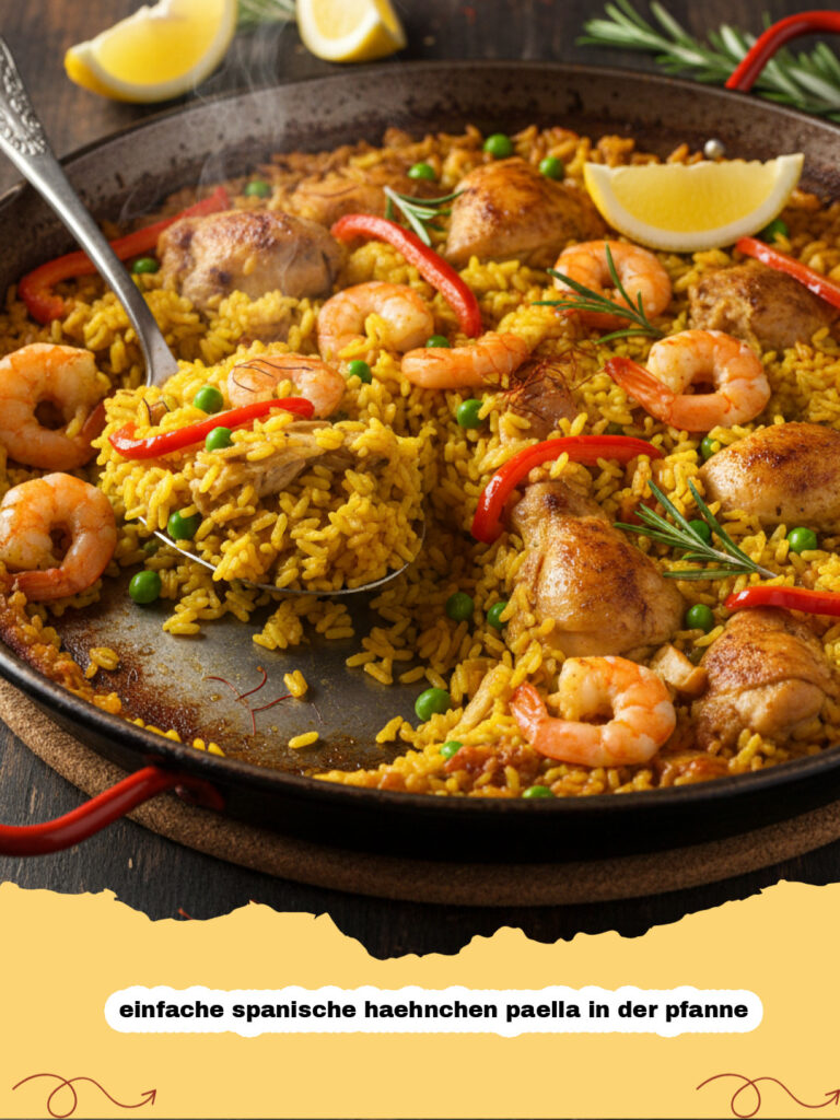 einfache spanische haehnchen paella in der pfanne - Eine köstliche, goldbraune einfache spanische Hähnchen Paella in der Pfanne, garniert mit Zitronenspalten und Petersilie, servierbereit.