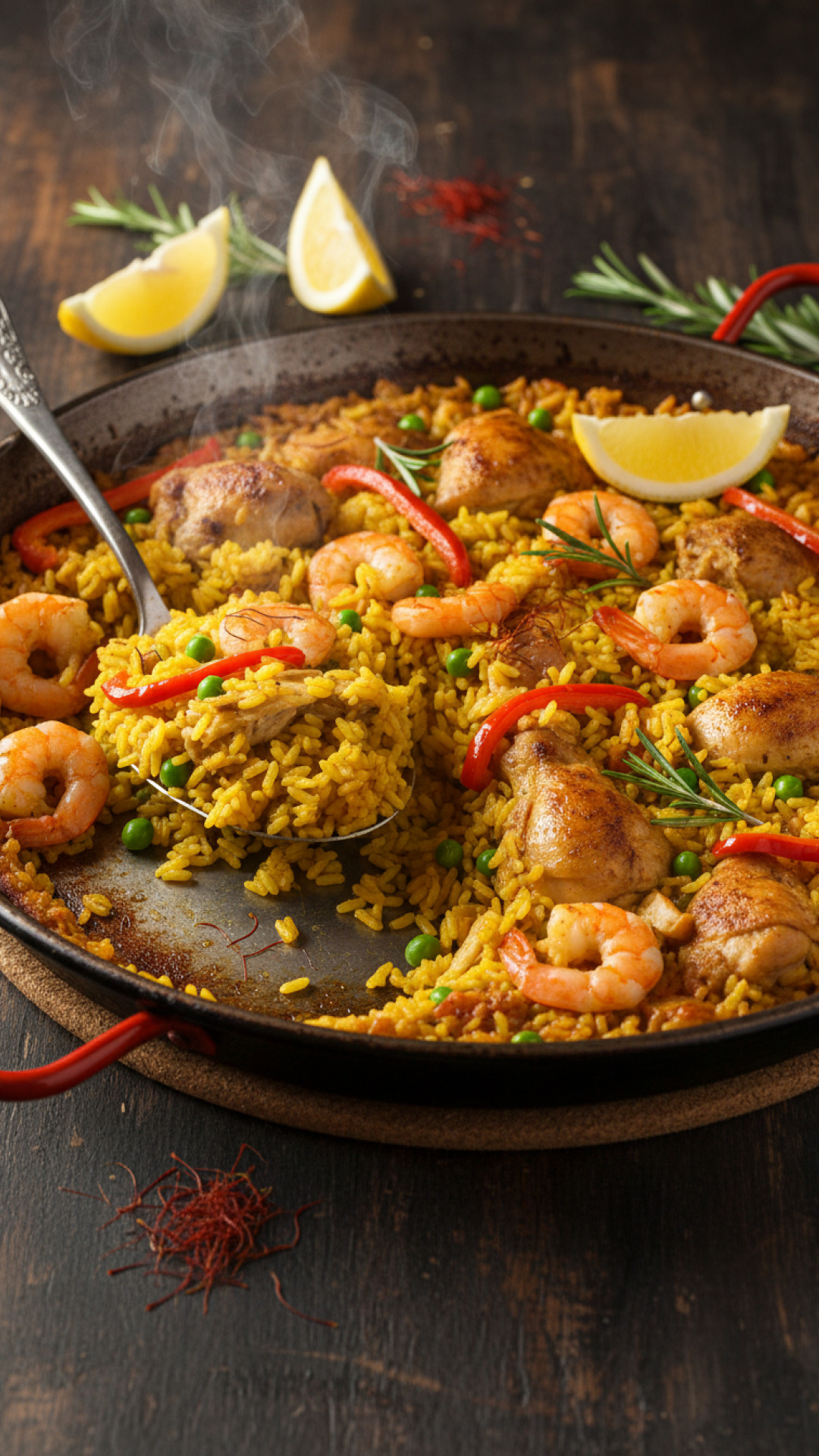 Einfache spanische Hähnchen Paella in der Pfanne Preparation