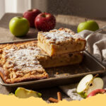 einfacher deutscher apfelkuchen vom blech - Ein großes Stück einfacher deutscher Apfelkuchen vom Blech mit knusprigen Streuseln und saftiger Apfelfüllung, serviert auf einem Holztisch.