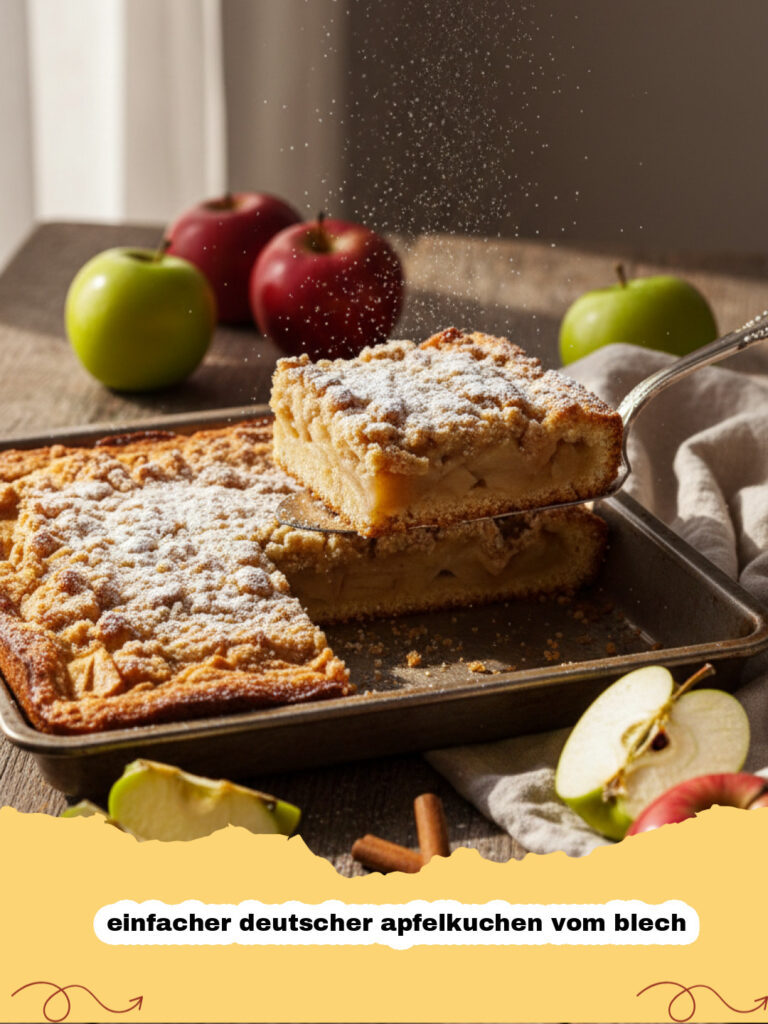 einfacher deutscher apfelkuchen vom blech - Ein großes Stück einfacher deutscher Apfelkuchen vom Blech mit knusprigen Streuseln und saftiger Apfelfüllung, serviert auf einem Holztisch.