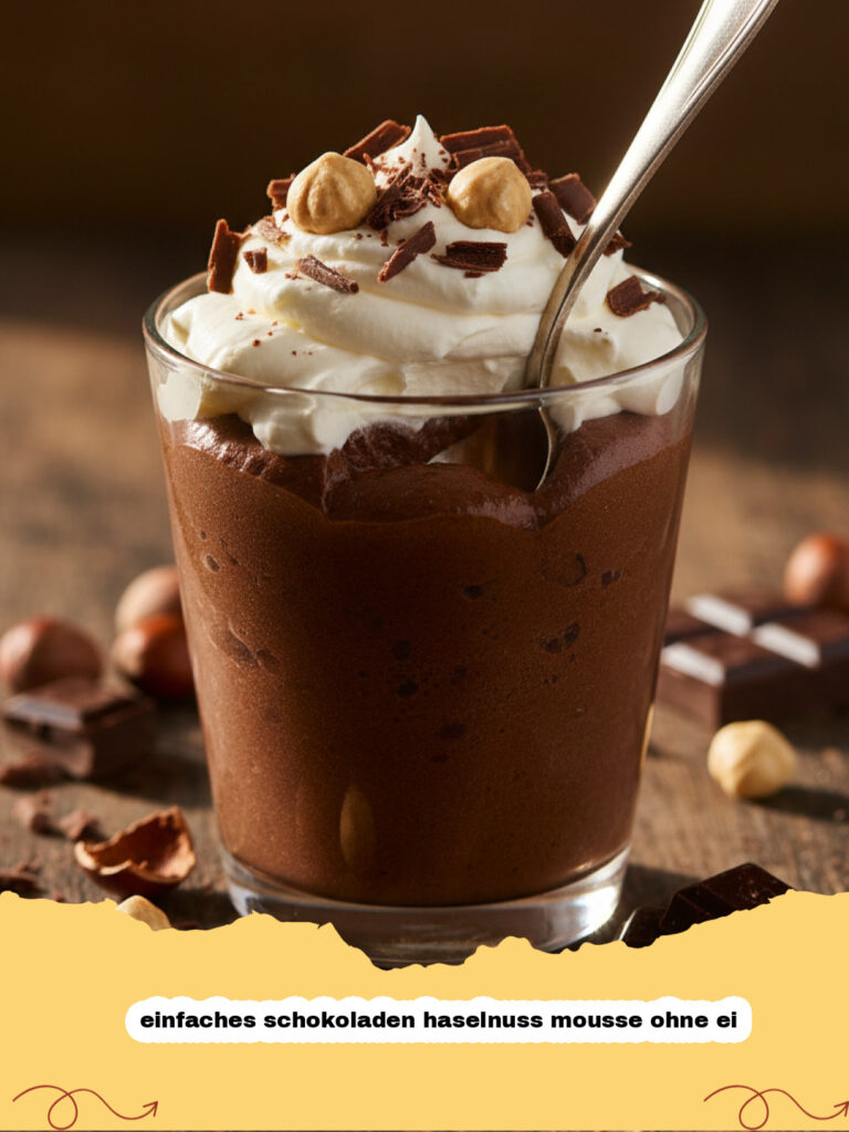 einfaches schokoladen haselnuss mousse ohne ei - Ein luftiges, einfaches Schokoladen-Haselnuss-Mousse ohne Ei in einem Glas, garniert mit ganzen Haselnüssen und Schokoladenraspeln.