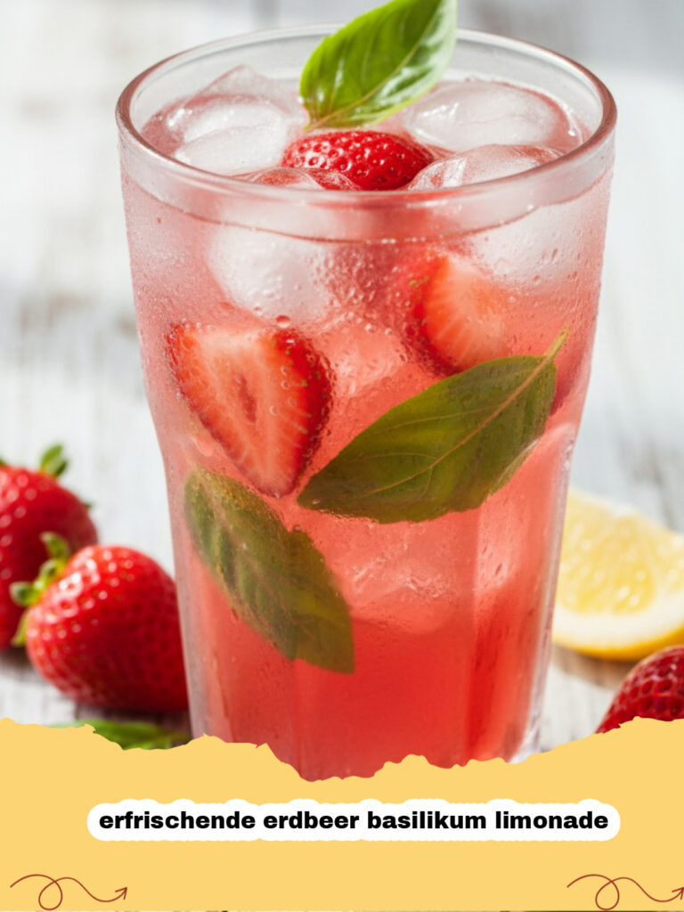 erfrischende erdbeer basilikum limonade - Ein Glas mit erfrischender Erdbeer Basilikum Limonade, garniert mit frischen Erdbeeren und Basilikumblättern, auf einem rustikalen Holztisch im Sommerlicht.