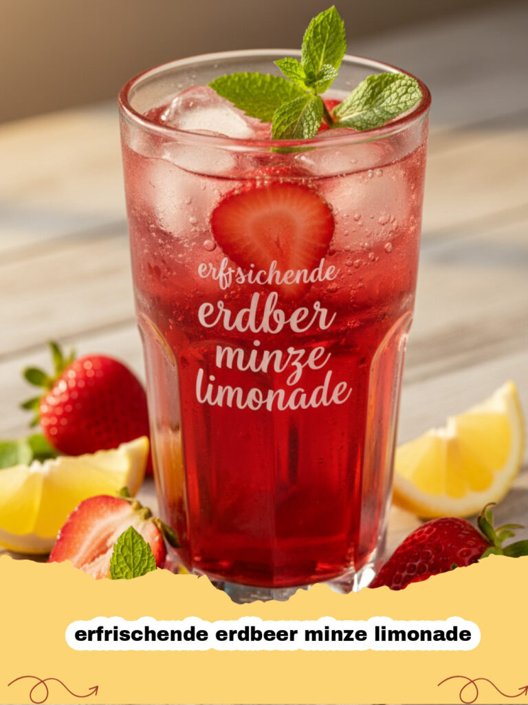 erfrischende erdbeer minze limonade - Ein Glas mit leuchtend roter, erfrischender Erdbeer Minze Limonade, garniert mit frischen Erdbeerscheiben, Minzblättern und Eiswürfeln, auf einem hellen Holztisch im Sommerlicht.