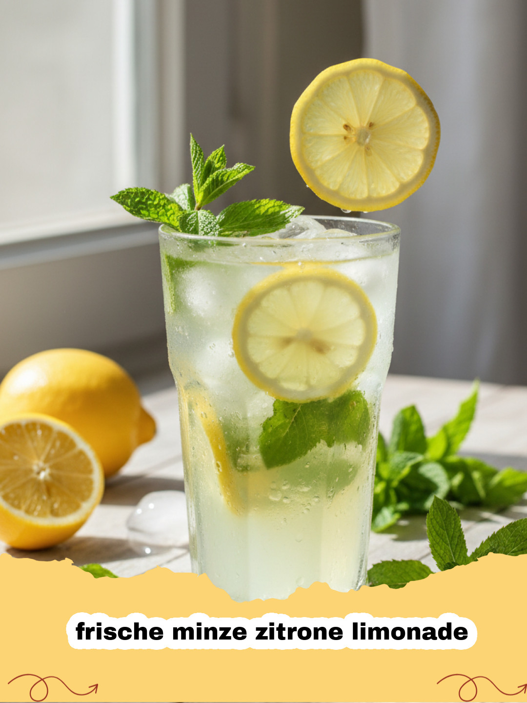 frische minze zitrone limonade - Ein Glas erfrischende, selbstgemachte Minze-Zitronen-Limonade mit Eis und Minzblättern auf einem Holztisch an einem sonnigen Tag.