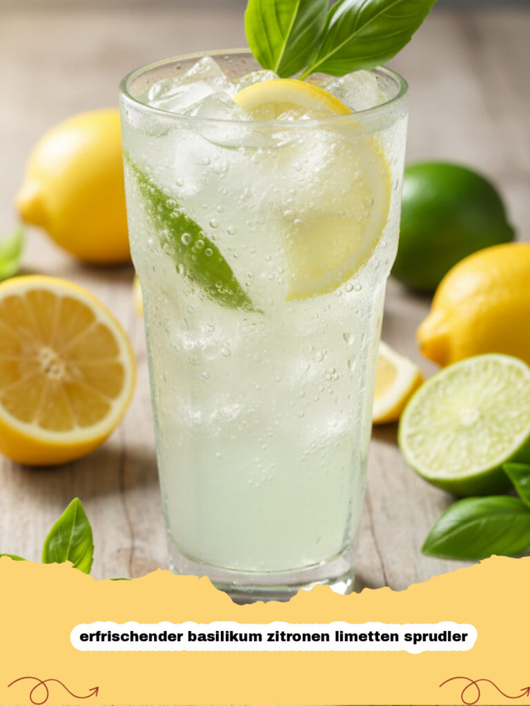 erfrischender basilikum zitronen limetten sprudler - Ein Glas erfrischender Basilikum Zitronen Limetten Sprudler mit Eis, Basilikum und Zitrusfrüchten