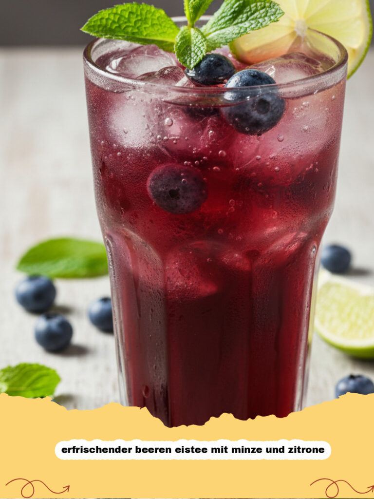 erfrischender beeren eistee mit minze und zitrone - Ein Glas erfrischender Beeren Eistee mit Minze, Zitrone und Eiswürfeln, garniert mit frischen Beeren und Minzblättern vor sommerlicher Kulisse.