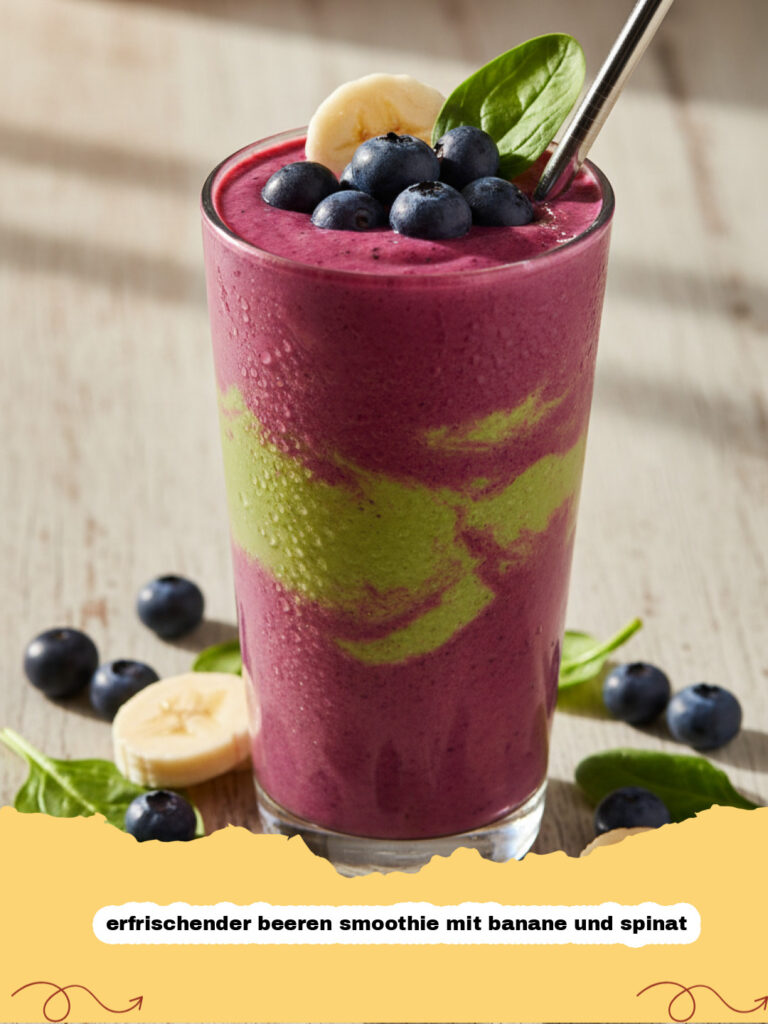 erfrischender beeren smoothie mit banane und spinat - Ein Glas Erfrischender Beeren Smoothie mit Banane und Spinat, garniert mit frischen Beeren und Minze.