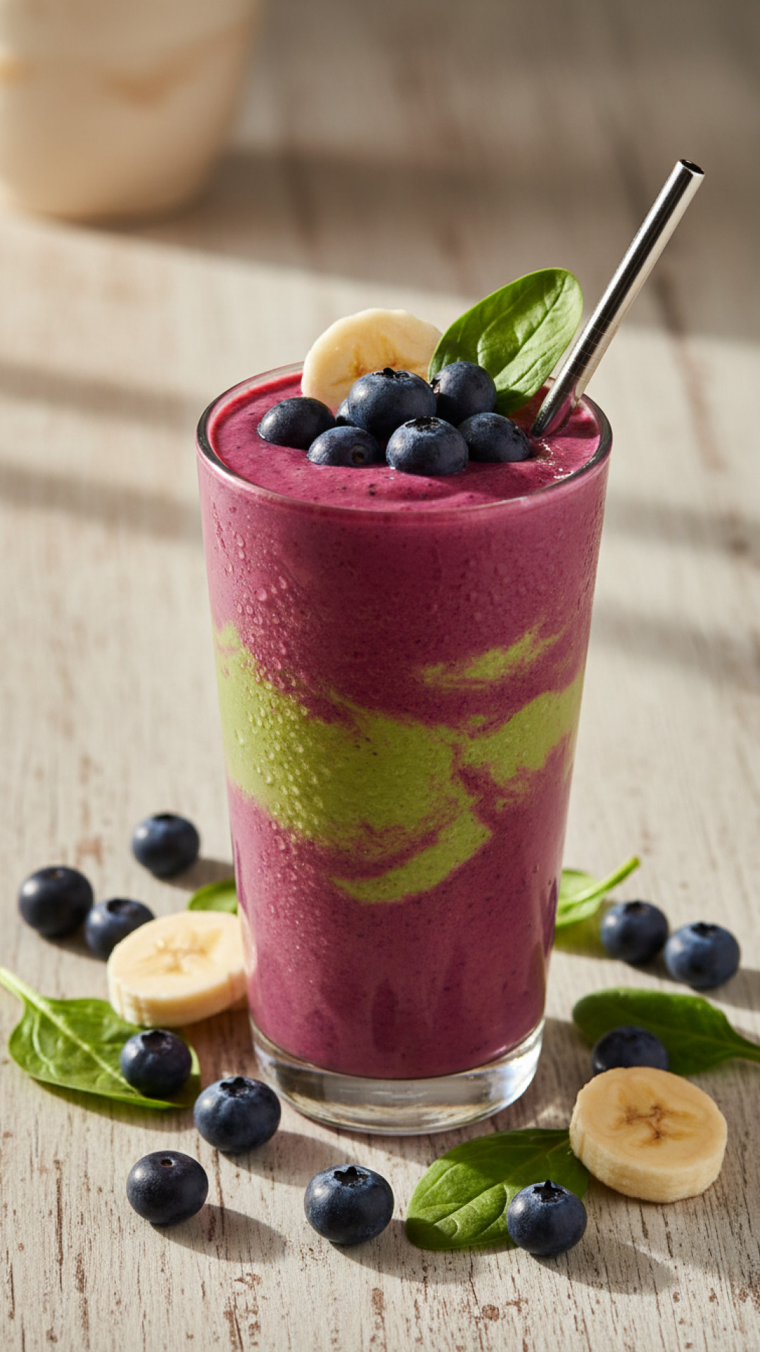 Erfrischender Beeren Smoothie mit Banane und Spinat Preparation