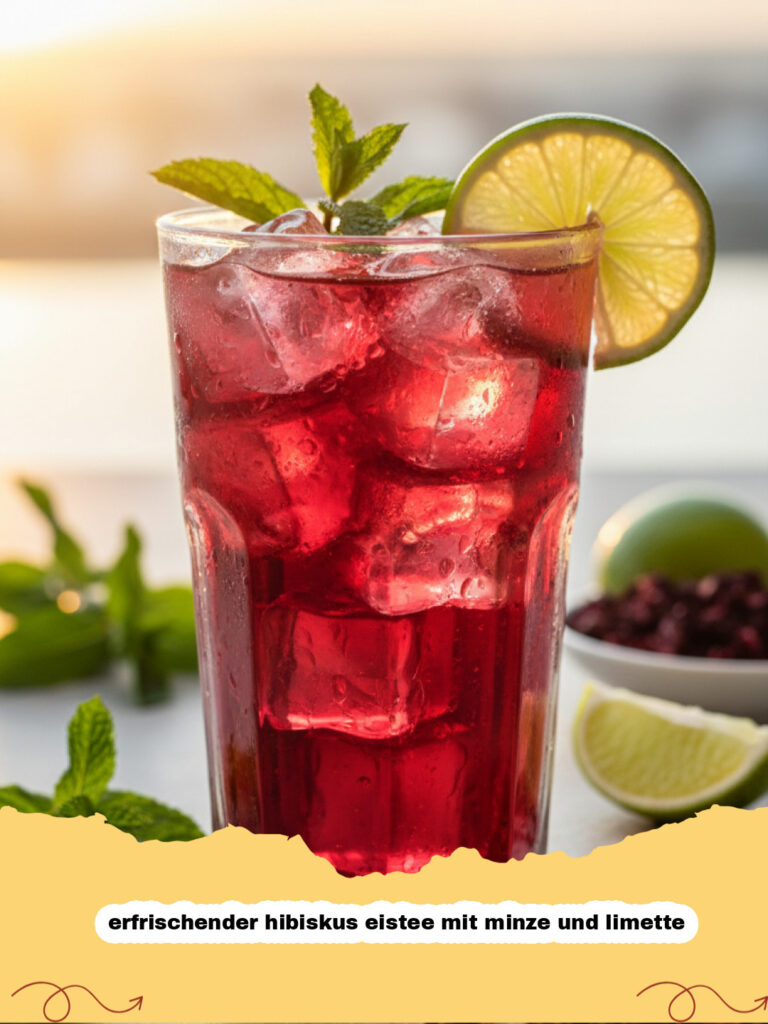 erfrischender hibiskus eistee mit minze und limette - Ein Glas erfrischender Hibiskus Eistee mit Minze und Limettenscheiben auf einem Holzbrett im Freien.