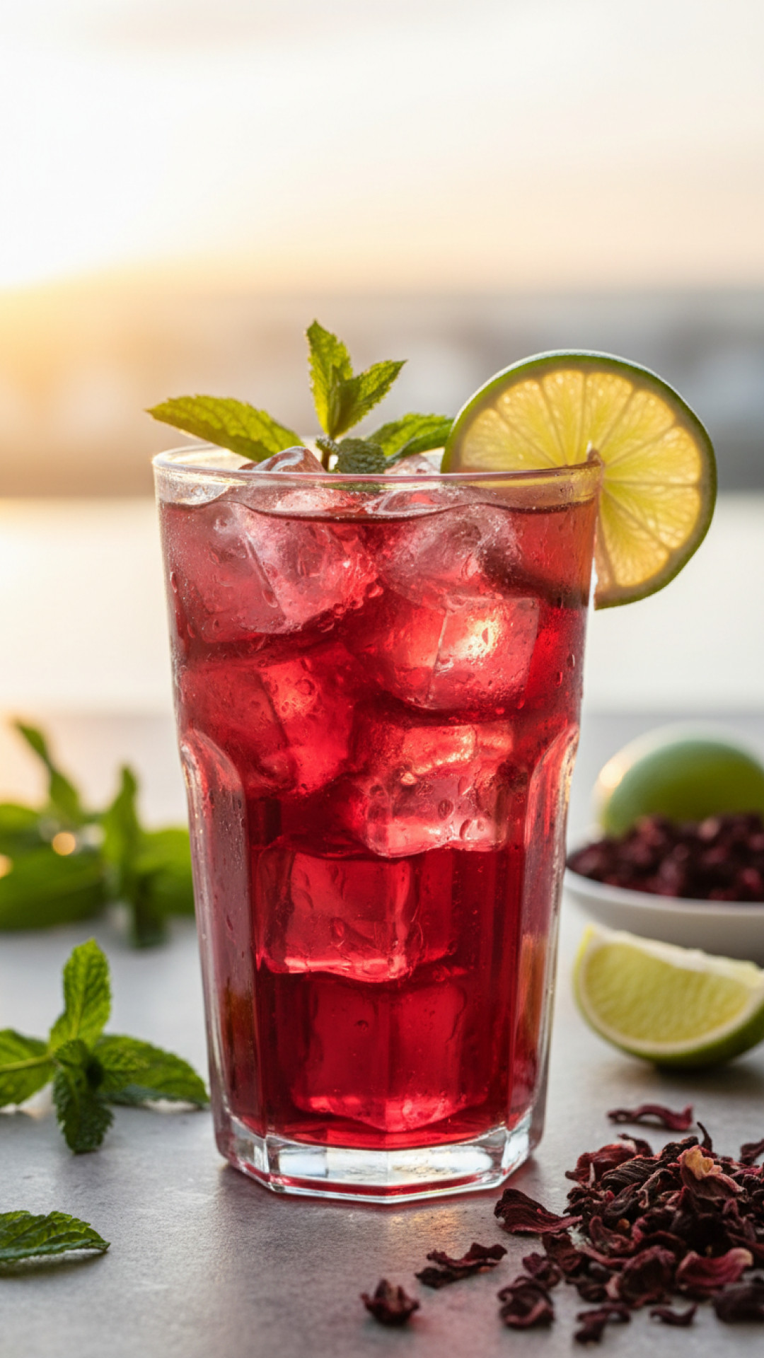 Erfrischender Hibiskus Eistee mit Minze und Limette Preparation