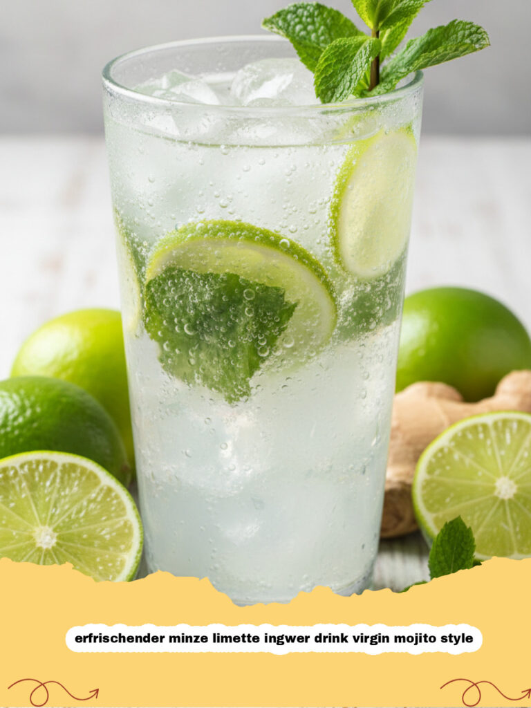 erfrischender minze limette ingwer drink virgin mojito style - Ein Glas mit einem erfrischenden Minze-Limette-Ingwer Drink im Virgin Mojito Style, garniert mit Minze und Limette, auf einem hellen Hintergrund.