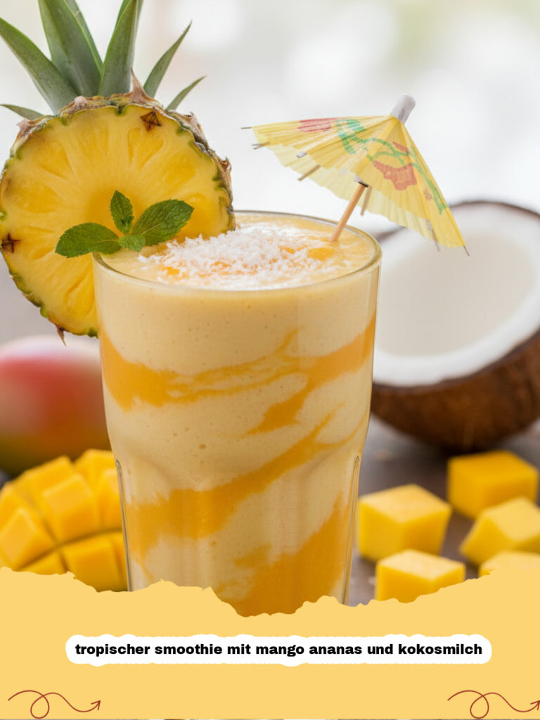 tropischer smoothie mit mango ananas und kokosmilch - Tropischer Smoothie mit Mango Ananas und Kokosmilch in einem Glas mit Strohhalm