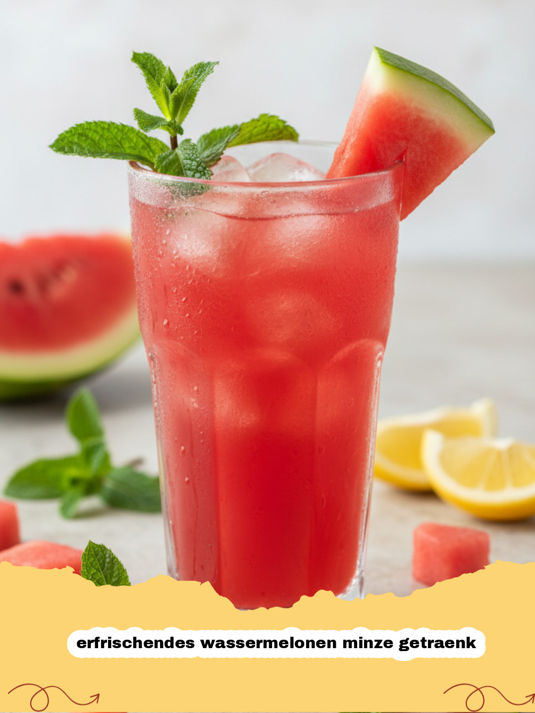 erfrischendes wassermelonen minze getraenk - Ein kühles erfrischendes Wassermelonen-Minz-Getränk in einem Glas mit Eis und Minze auf einem Holztisch