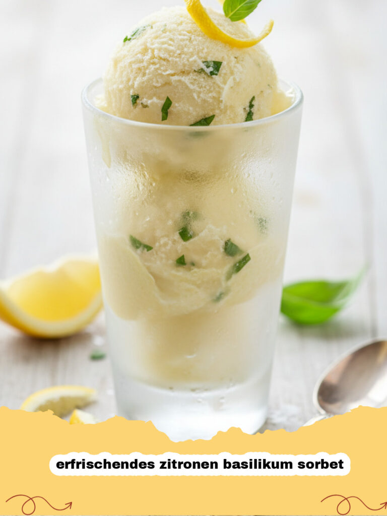 erfrischendes zitronen basilikum sorbet - Ein appetitlich angerichtetes erfrischendes Zitronen-Basilikum-Sorbet in einer Glasschale mit frischen Basilikumblättern und Zitronenzesten.