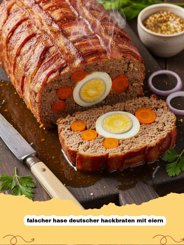 falscher hase deutscher hackbraten mit eiern - Saftiger Falscher Hase Hackbraten mit sichtbaren Eiern in der Mitte