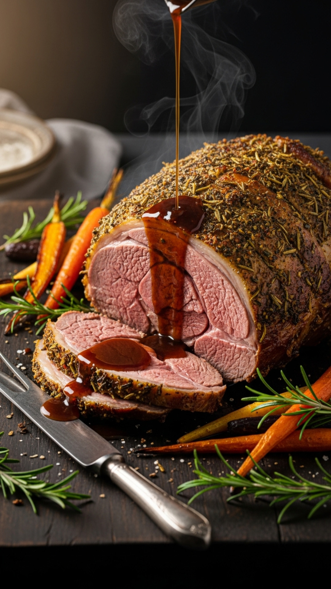 Festliche Lammkeule mit Kräuterkruste und Frühlingsgemüse Preparation