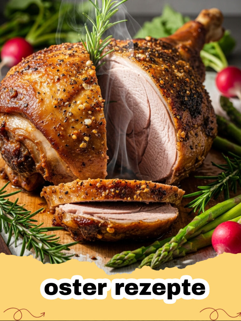 oster rezepte - Traditionelles Osterlamm mit Kräuterfüllung auf einer festlichen Platte, umgeben von Gemüse und Soße