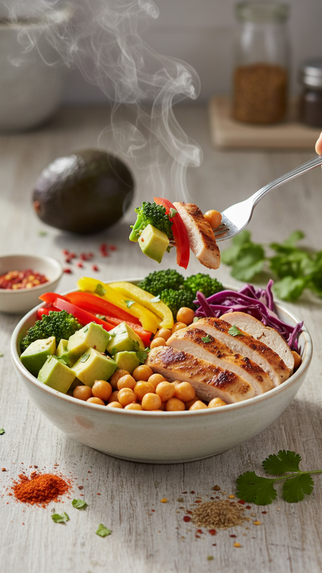 Fitness Fruehstuecks Bowl mit Haehnchen und Avocado Preparation