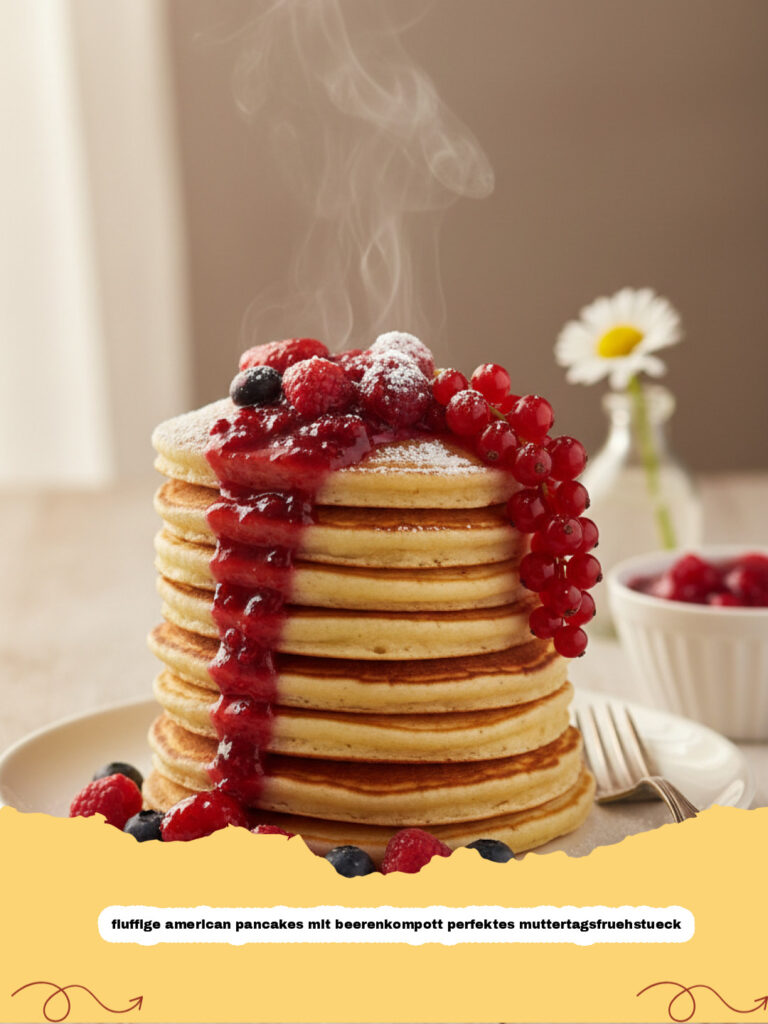 fluffige american pancakes mit beerenkompott perfektes muttertagsfruehstueck - Ein Stapel fluffiger American Pancakes mit reichlich frischem Beerenkompott und Ahornsirup, perfekt für das Muttertagsfrühstück.