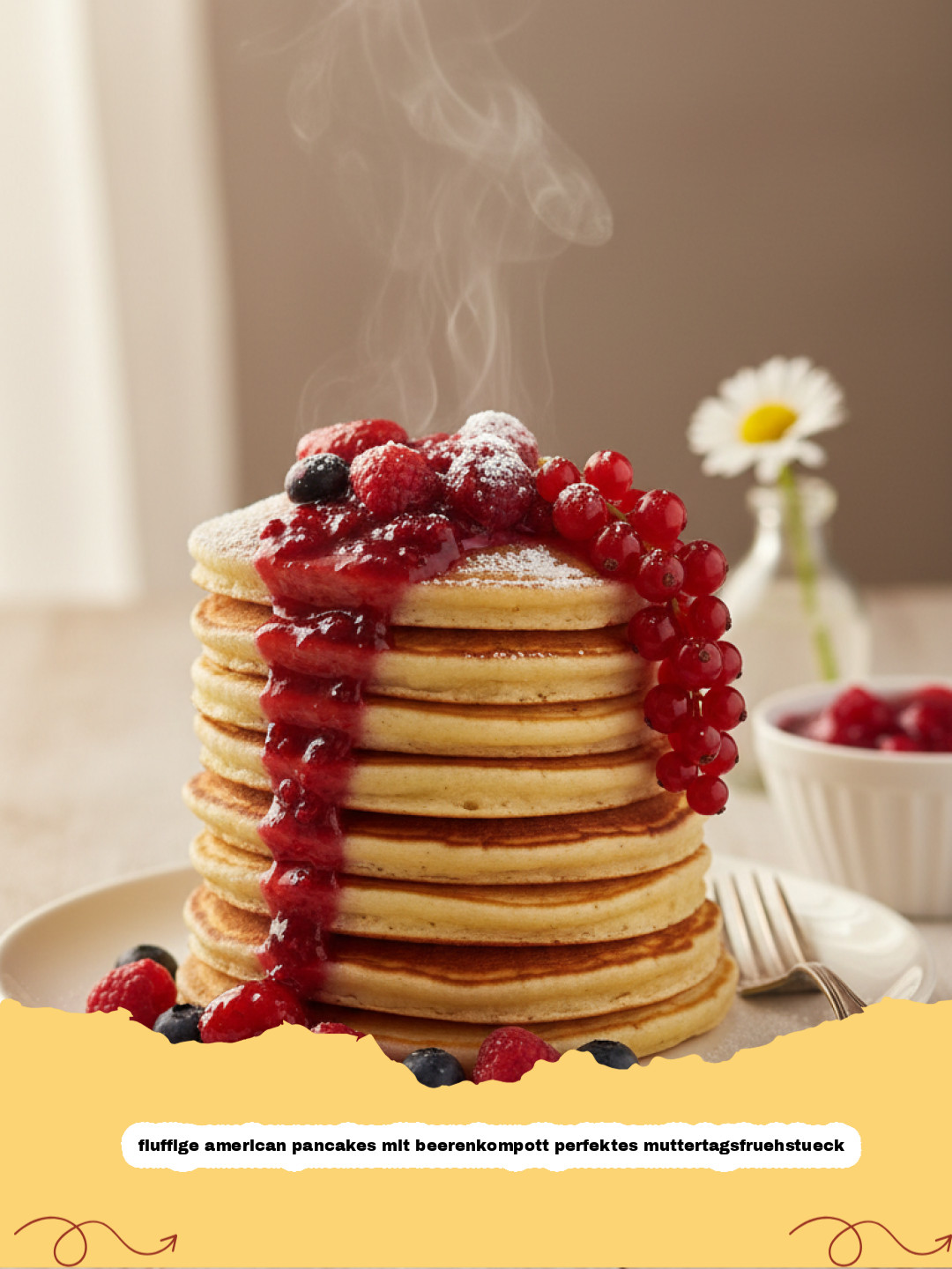 fluffige american pancakes mit beerenkompott perfektes muttertagsfruehstueck - Ein Stapel fluffiger American Pancakes mit reichlich frischem Beerenkompott und Ahornsirup, perfekt für das Muttertagsfrühstück.