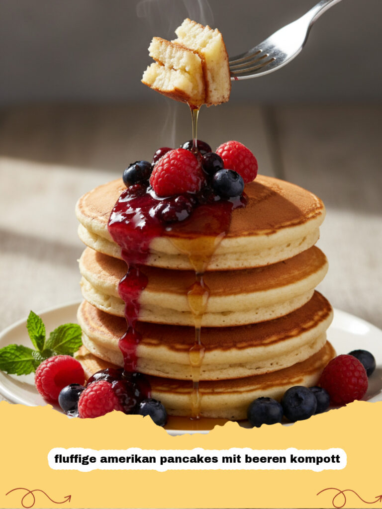 fluffige amerikan pancakes mit beeren kompott - Ein Stapel goldbrauner, fluffiger amerikanischer Pancakes, übergossen mit leuchtend rotem Beerenkompott und frischen Beeren.