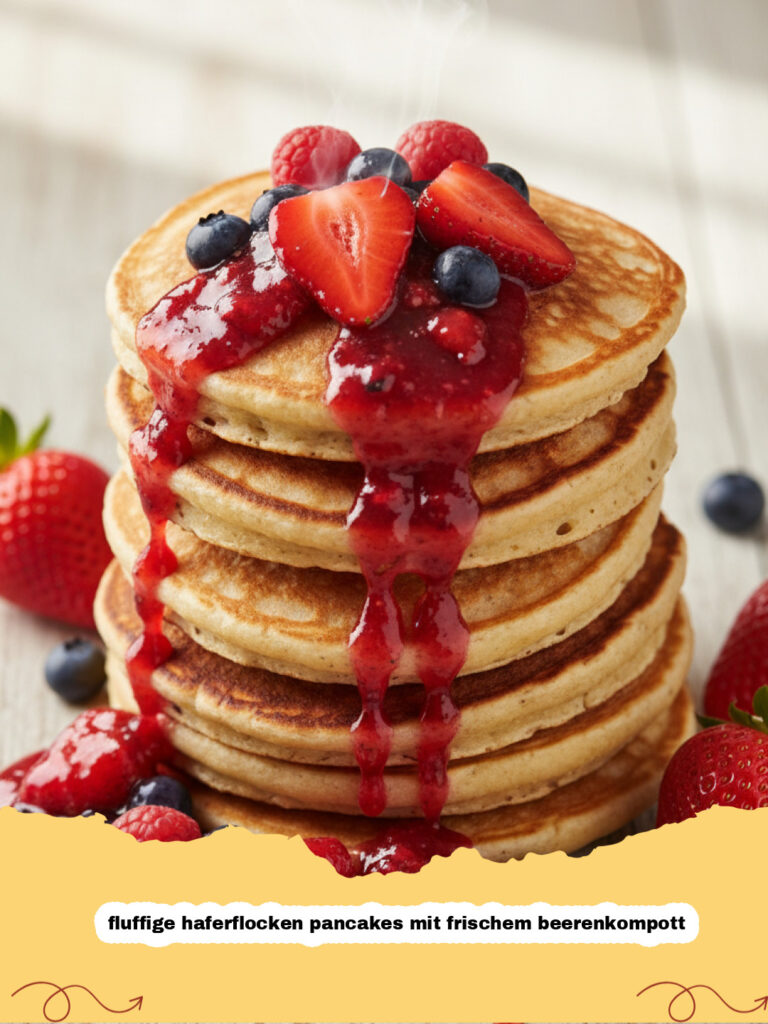 fluffige haferflocken pancakes mit frischem beerenkompott - Ein Stapel fluffige Haferflocken Pancakes mit frischem Beerenkompott und Minze, auf einem weißen Teller angerichtet.