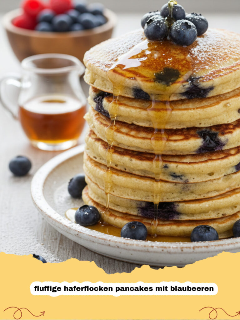 fluffige haferflocken pancakes mit blaubeeren - Stapel von fluffigen Haferflocken Pancakes mit Blaubeeren und Ahornsirup
