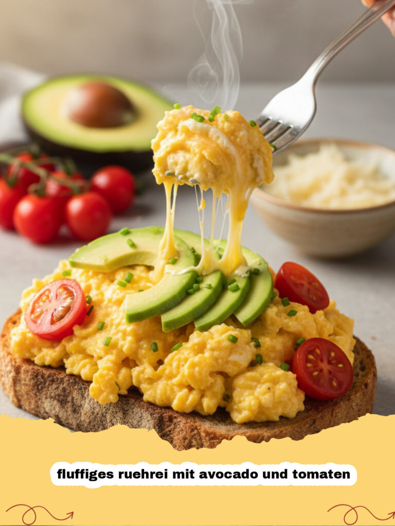 fluffiges ruehrei mit avocado und tomaten - Fluffiges Rührei mit Avocado und Tomaten auf einem Teller, garniert mit frischen Kräutern