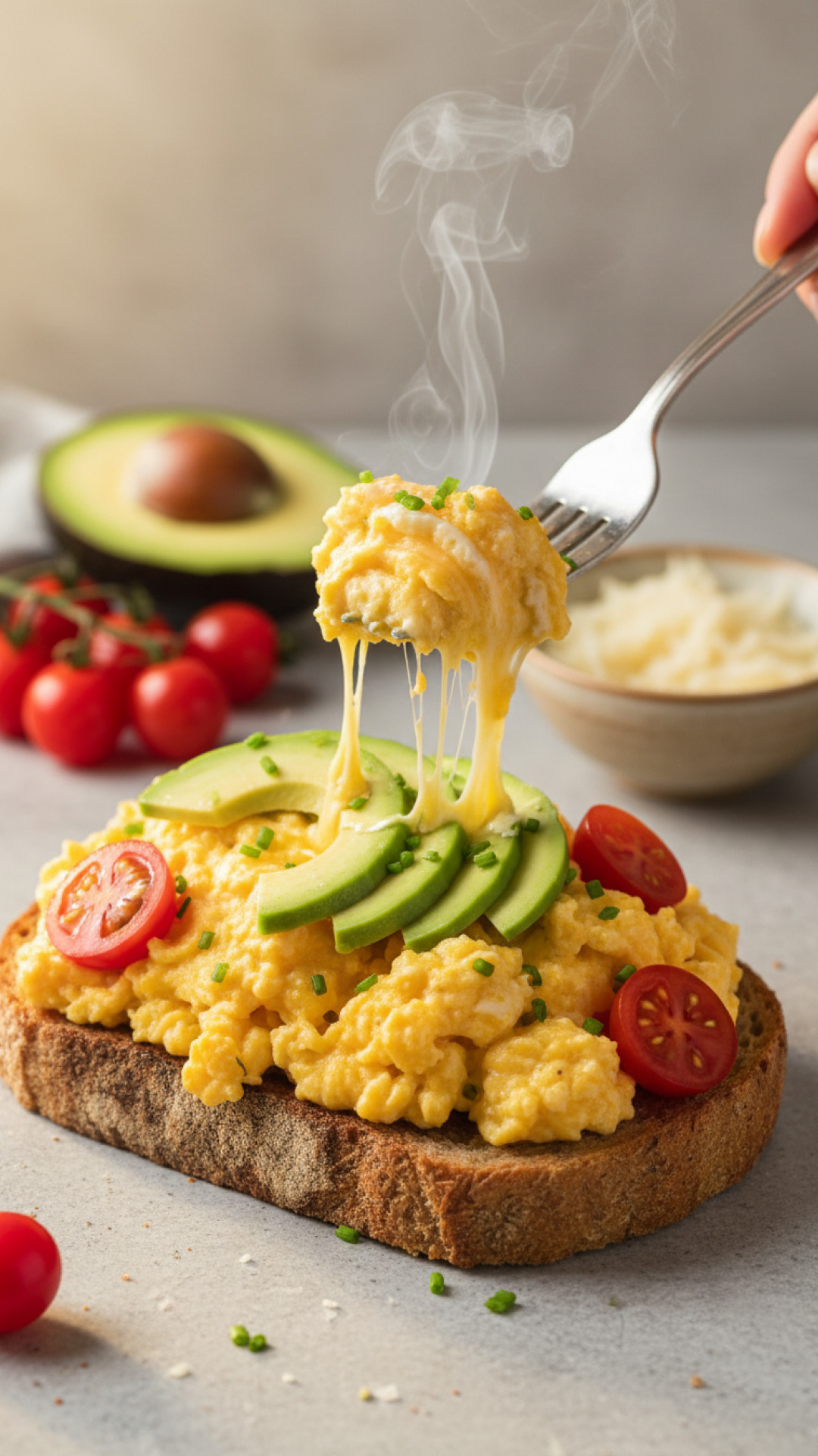 Fluffiges Rührei mit Avocado und Tomaten Preparation
