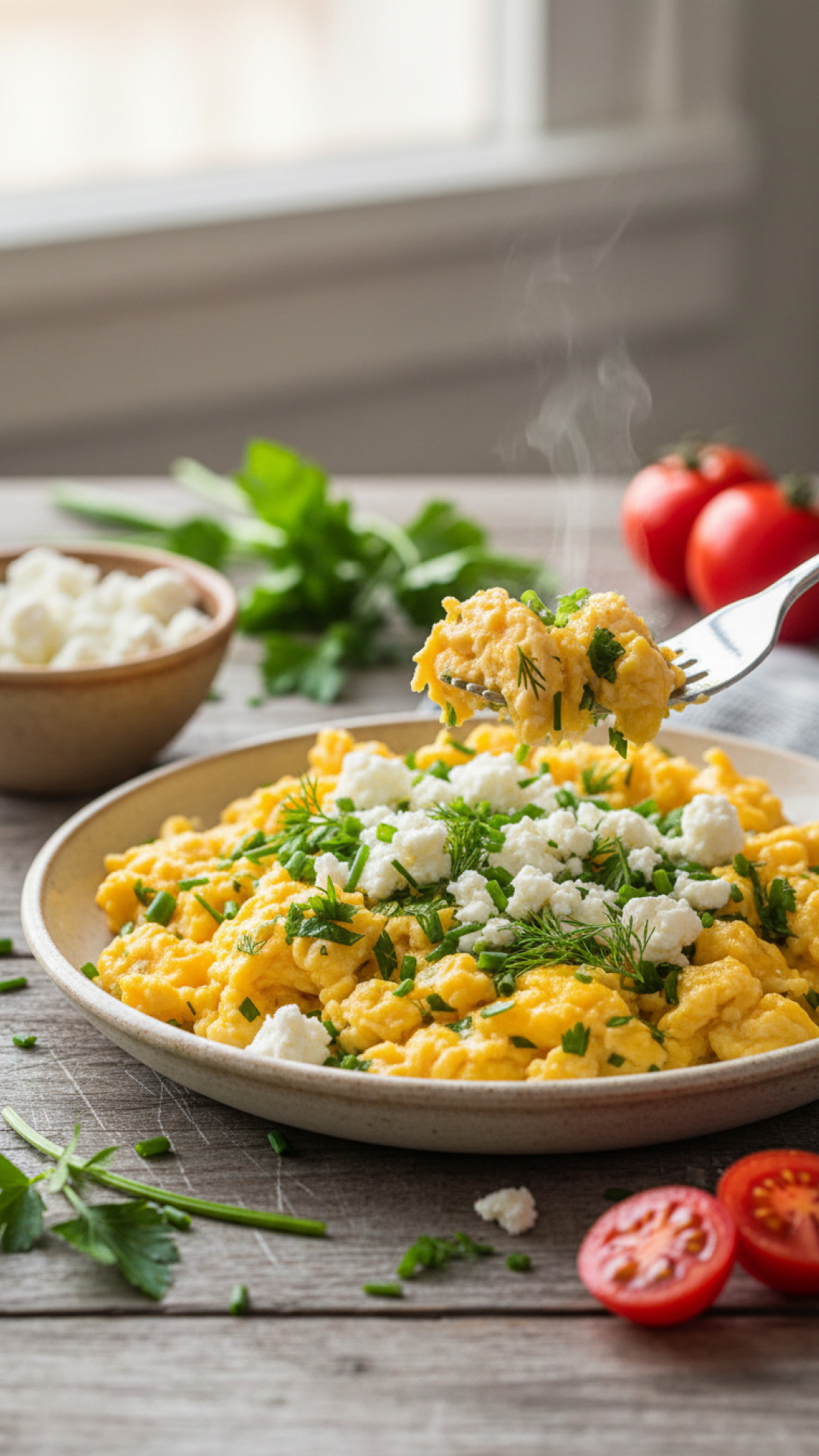 Fluffiges Rührei mit Frischen Frühlingskräutern und Feta Preparation
