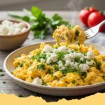 fluffiges ruehrei mit frischen fruehlingskraeutern und feta - Ein Teller mit fluffigem Rührei, bestreut mit frischen grünen Frühlingskräutern und zerbröseltem Feta-Käse, auf einem rustikalen Holztisch mit einer Gabel daneben und einem kleinen Bouquet frischer Kräuter im Hintergrund.