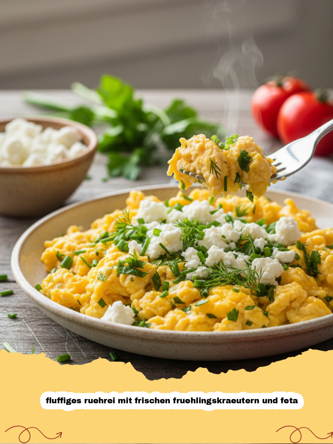 fluffiges ruehrei mit frischen fruehlingskraeutern und feta - Ein Teller mit fluffigem Rührei, bestreut mit frischen grünen Frühlingskräutern und zerbröseltem Feta-Käse, auf einem rustikalen Holztisch mit einer Gabel daneben und einem kleinen Bouquet frischer Kräuter im Hintergrund.