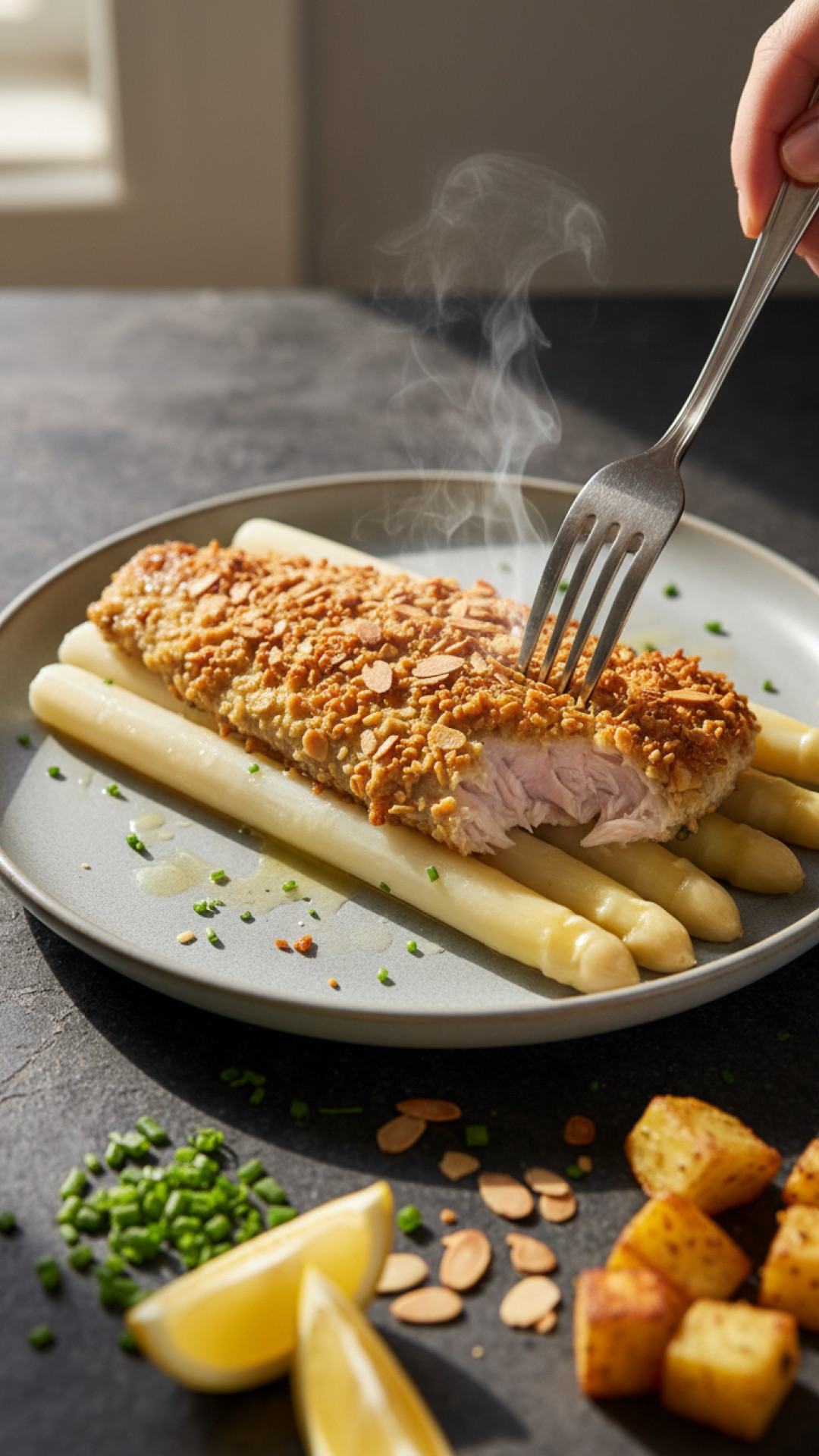 Forellenfilet in knuspriger Mandelhülle auf Spargel Preparation