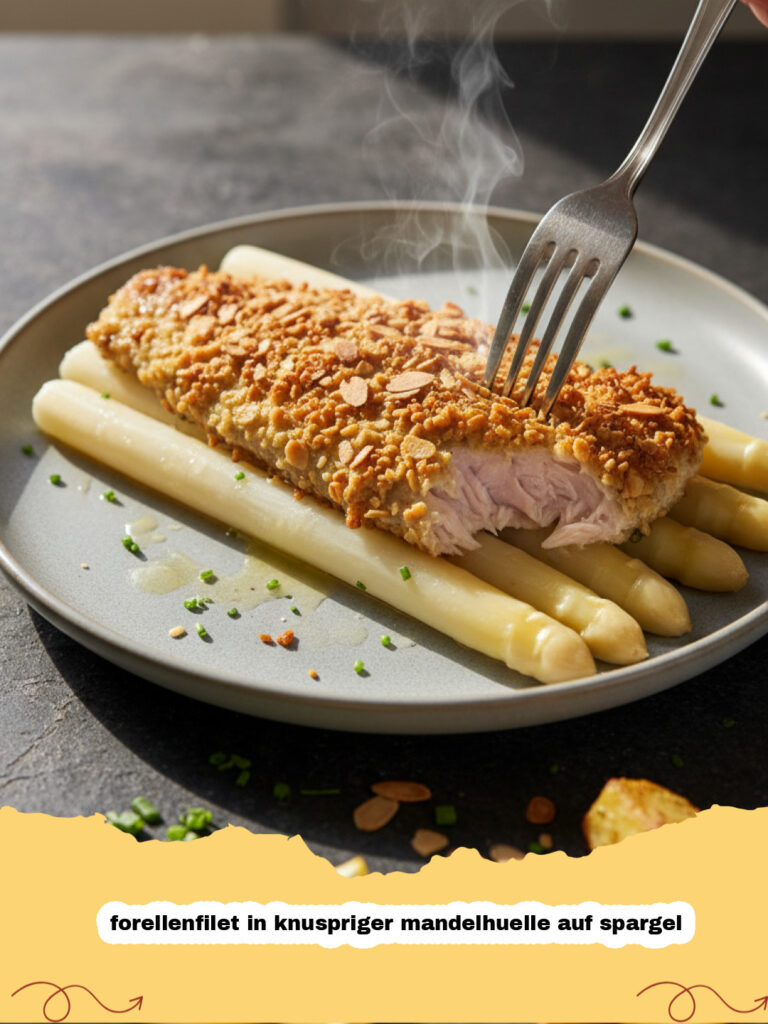 forellenfilet in knuspriger mandelhuelle auf spargel - Frisch gebratenes Forellenfilet mit Mandelhülle auf einer Portion weißem Spargel