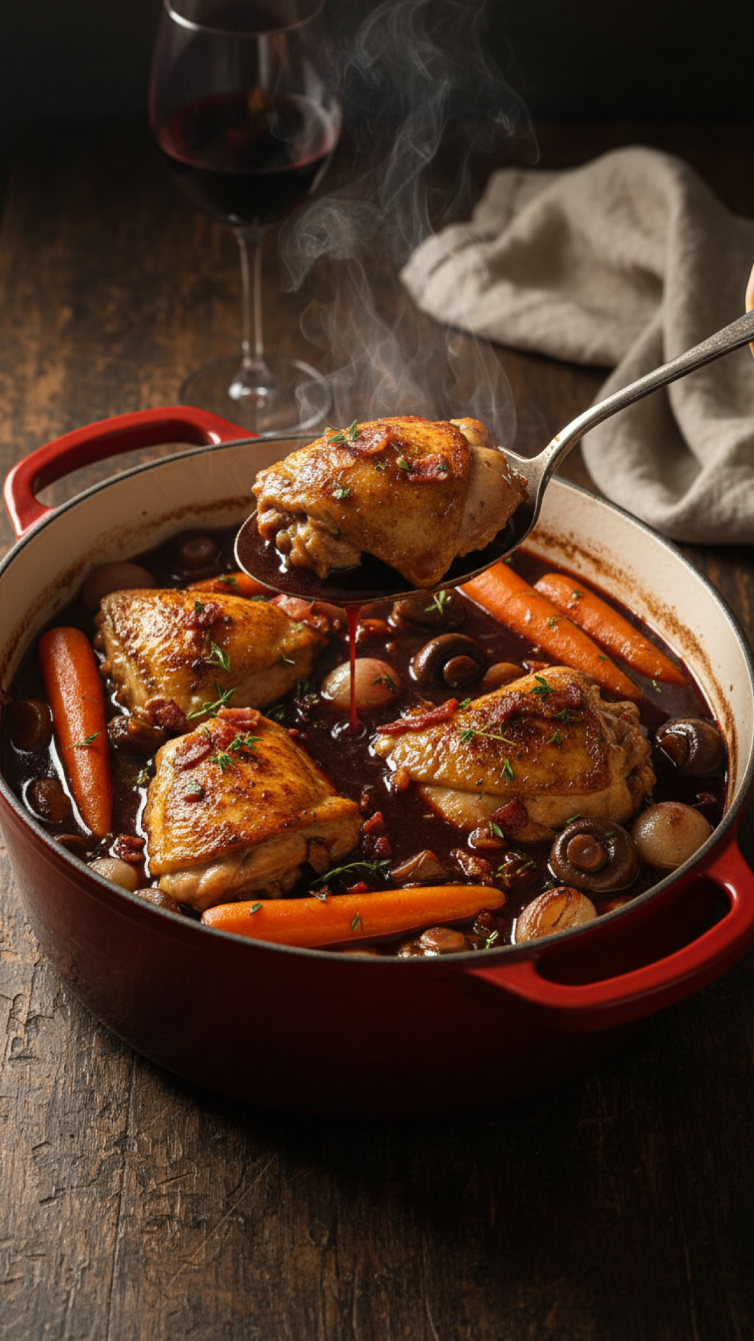 Franzoesisches Coq au Vin Huhn in kräftiger Rotwein Ersatzsoße Preparation