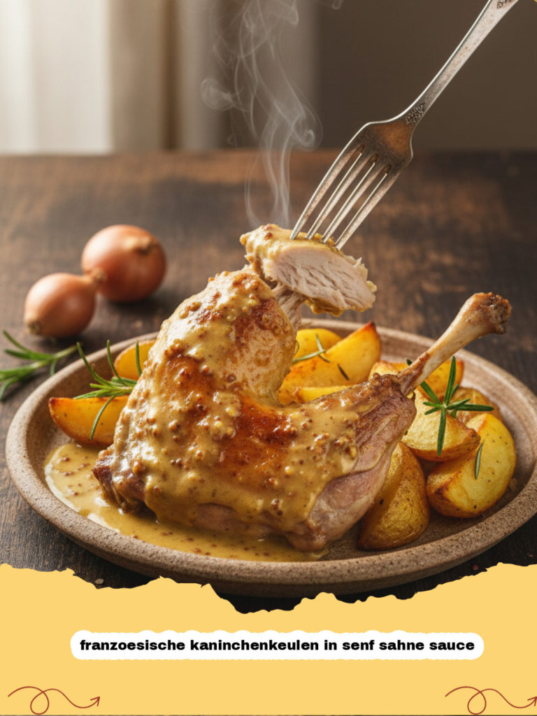 franzoesische kaninchenkeulen in senf sahne sauce - Französische Kaninchenkeulen in einer cremigen gelben Senfsauce mit frischen Kräutern in einem gusseisernen Topf