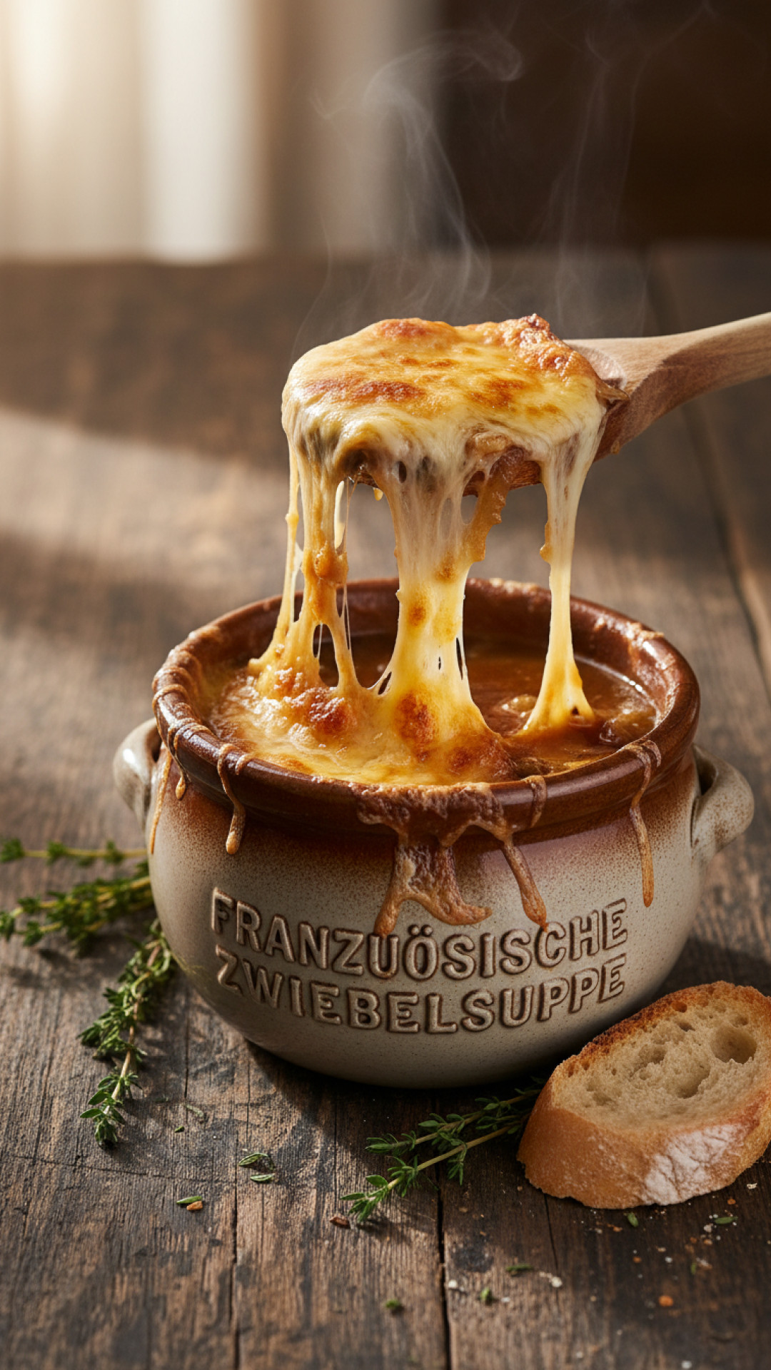 Französische Zwiebelsuppe Gratinee mit Käseüberkrustung Preparation