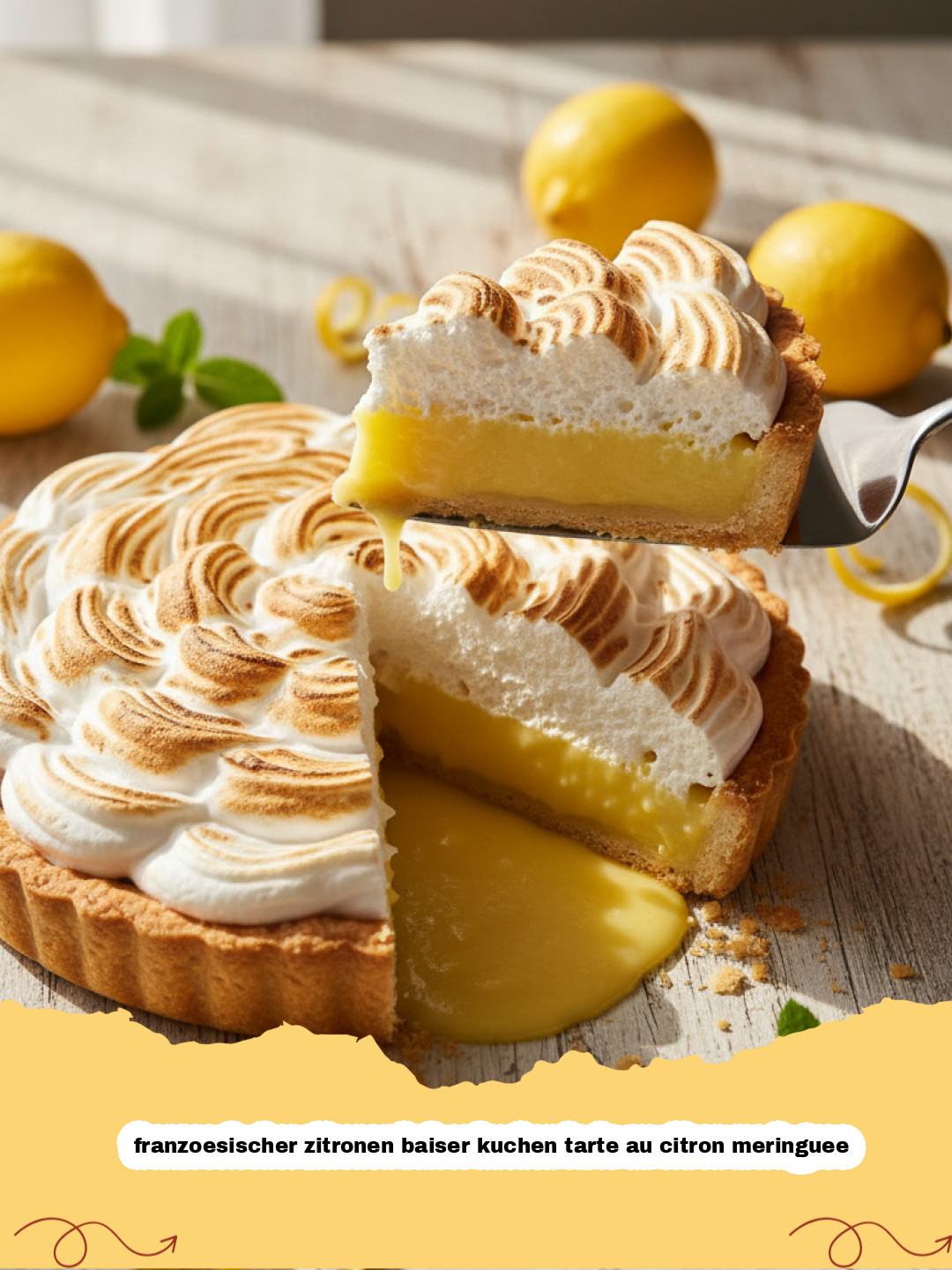 franzoesischer zitronen baiser kuchen tarte au citron meringuee - Eine köstliche französischer zitronen baiser kuchen tarte au citron meringuee mit hohem, goldbraun getoastetem Baiser und glänzender Zitronencreme auf einem rustikalen Teller.