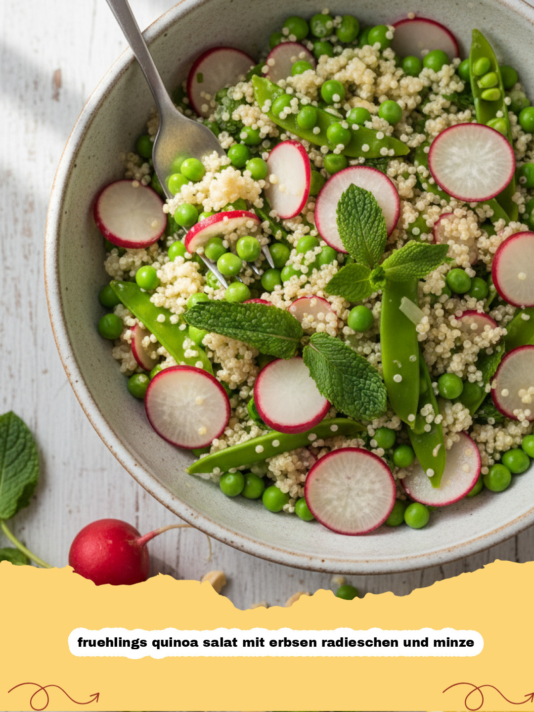 Frühlings Quinoa Salat mit Erbsen Radieschen und Minze