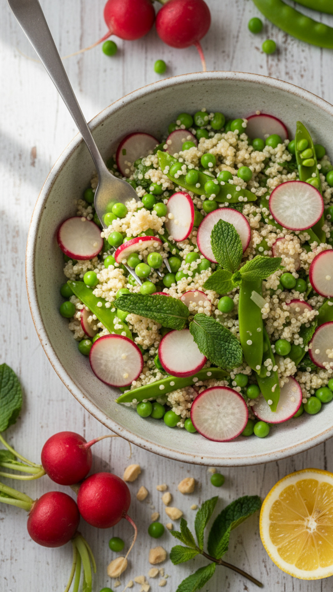 Frühlings Quinoa Salat mit Erbsen Radieschen und Minze Preparation
